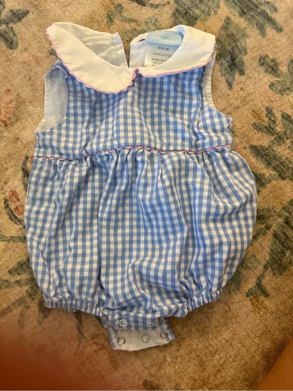 Classic Blue Gingham Baby Bubble Romper with White Collar